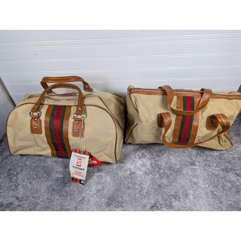 Vintage 1970s Mr. Roberts Designer Luggage 2-Piece Set Cream Red Green